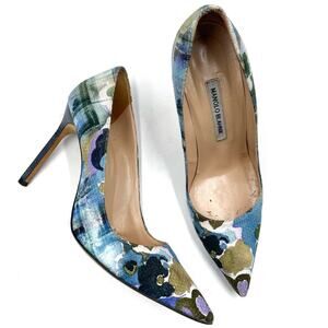 Manolo Blahnik‎ BB Pumps Blue Floral Watercolor Canvas Heel Pointed Sz 39 / 9
